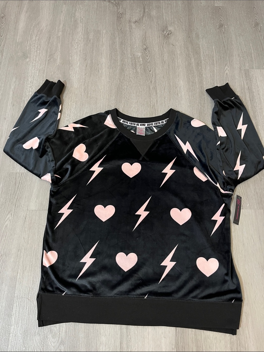 Betsey Johnson Black Pullover with Pink Hearts & Lightning Bolts